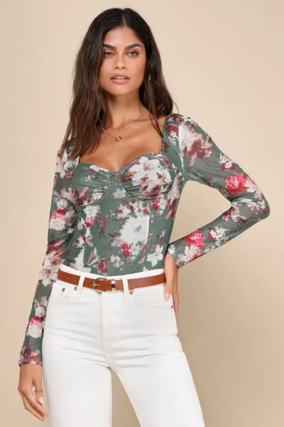 Lulus Blossoming Attitude Green Floral Mesh Bustier Crop Top