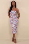 Lulus Blossoming Excellence Light Blue Floral Mesh Ruched Midi Dress In Light Blue