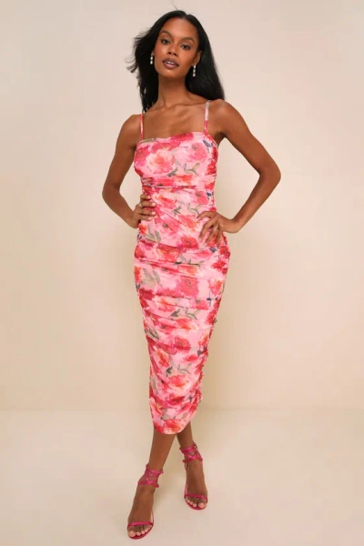 Lulus Blossoming Excellence Pink Floral Mesh Ruched Midi Dress
