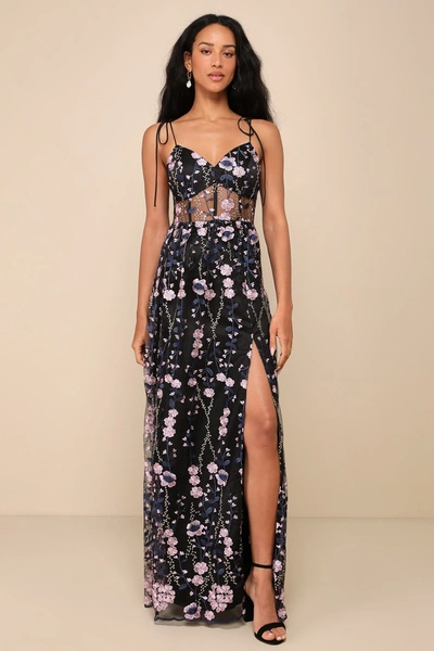 Lulus Blossoming Fairytale Black Embroidered Tie-strap Maxi Dress