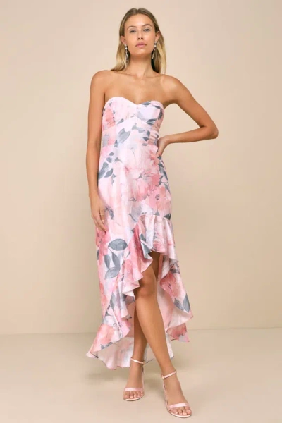 Lulus Blushing Darling Light Pink Floral Strapless High-low Maxi Dress