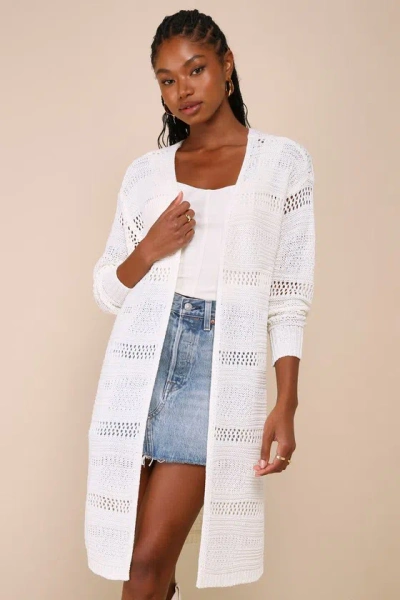Lulus Boardwalk Sunsets Ivory Loose Crochet Long Cardigan Sweater