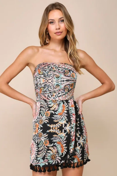 Lulus Bohemian Perfection Black Boho Floral Strapless Tasseled Romper