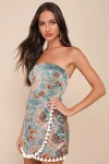 Lulus Bohemian Perfection Teal Boho Floral Strapless Tasseled Romper In Teal