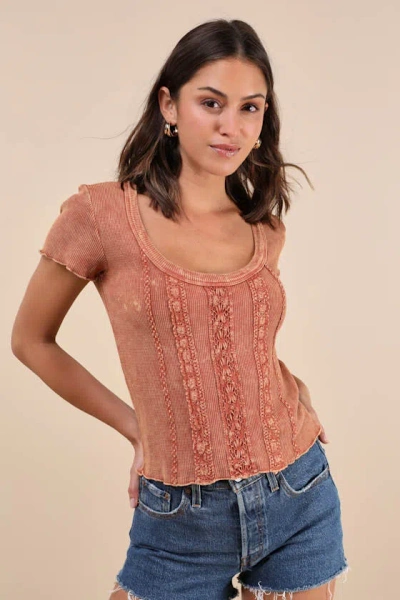 Lulus Boho Charisma Washed Rust Waffle-knit Lace Short Sleeve Top In Orange