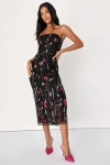 Lulus Bold Botanicals Black Floral Embroidered Strapless Midi Dress In Black