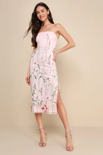 Lulus Bold Botanicals Pink Floral Embroidered Strapless Midi Dress