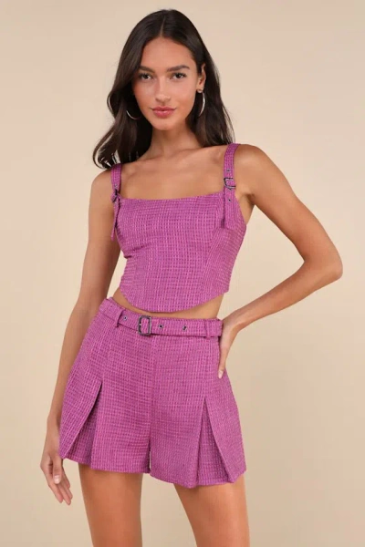 Lulus Bold Cutie Purple Tweed Belted Pleated Mini Shorts
