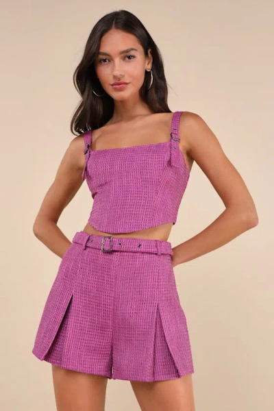 Lulus Bold Cutie Purple Tweed Buckle Strap Crop Tank Top