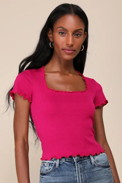 Lulus Bold Darling Magenta Ribbed Lettuce Edge Short Sleeve Top