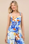 Lulus Bold Extravagance Blue Multi Print Sleeveless Wide-leg Jumpsuit
