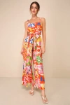 Lulus Bold Extravagance Red Multi Print Sleeveless Wide-leg Jumpsuit In Red