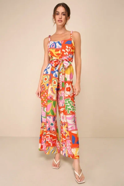 Lulus Bold Extravagance Red Multi Print Sleeveless Wide-leg Jumpsuit