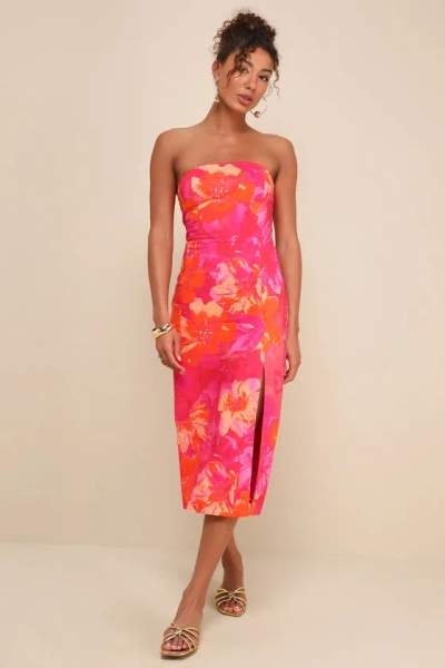 Lulus Bold Tendencies Fuchsia Floral Strapless Cutout Midi Dress