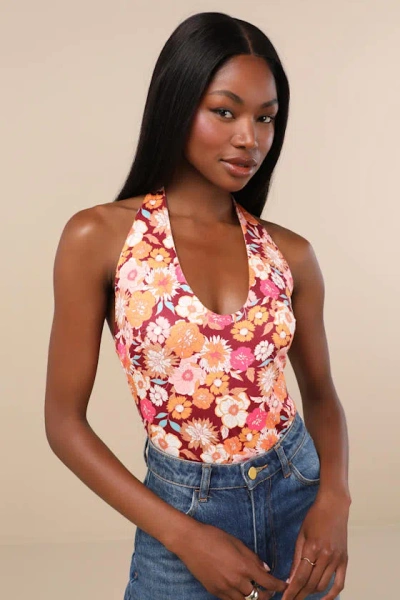Lulus Boldly Blooming Burgundy Floral Print Halter Bodysuit