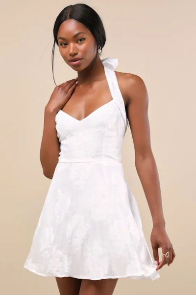 Lulus Bonni White Floral Jacquard Halter Mini Dress