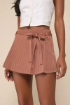 Lulus Bound To Charm Brown Pinstriped Pleated High-rise Skort In Brown