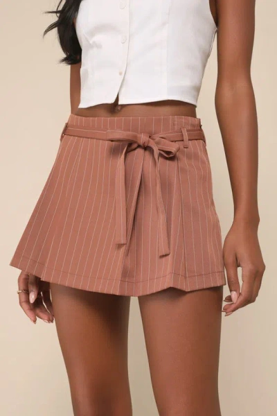 Lulus Bound To Charm Brown Pinstriped Pleated High-rise Skort