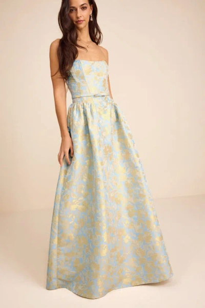 Lulus Bradshaw Light Blue And Yellow Floral Jacquard Maxi Dress In Multi