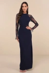 Lulus Bragging Rights Navy Lace Long Sleeve Column Maxi Dress In Navy