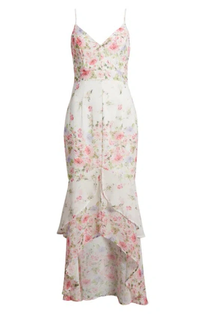 Lulus Breathtaking Vision Floral High-low Dress In White/ Pink/ Green