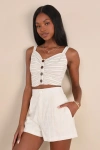 Lulus Breezy Composure Ivory Textured High-rise Shorts In Ivory