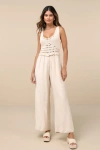 Lulus Breezy Demeanor Beige Crochet Sleeveless Wide-leg Jumpsuit In Beige