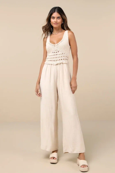 Lulus Breezy Demeanor Beige Crochet Sleeveless Wide-leg Jumpsuit