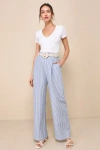LULUS BREEZY DIRECTION BLUE AND WHITE STRIPED HIGH-RISE WIDE LEG PANTS