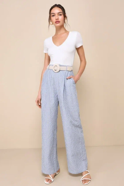 Lulus Breezy Direction Blue And White Striped High-rise Wide Leg Pants