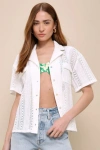 Lulus Breezy Disposition Ivory Sheer Crochet Collared Short Sleeve Top In Ivory