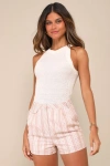 Lulus Breezy Escape Tan Striped High-rise Shorts In Tan