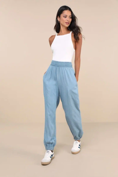 Lulus Breezy Feeling Light Blue Chambray High-rise Jogger Pants