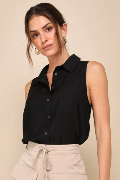 Lulus Breezy Finesse Black Collared Button-front Tank Top