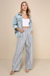 Lulus Breezy Getaway Blue And White Striped Linen Wide-leg Pants In Blue And White