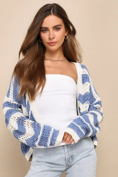 Lulus Breezy Layer Blue And Ivory Striped Crochet Open-front Cardigan
