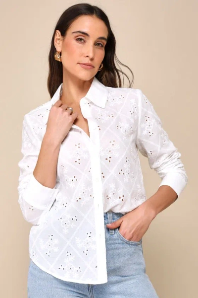Lulus Breezy Poise White Embroidered Cotton Long Sleeve Button-up Top