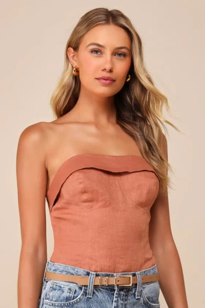 Lulus Breezy Presence Terracotta Linen Strapless Bustier Bodysuit In Red