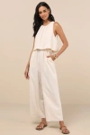 Lulus Breezy Sophistication Beige Textured Wide-leg Jumpsuit In Beige