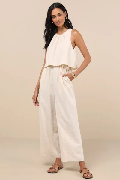 Lulus Breezy Sophistication Beige Textured Wide-leg Jumpsuit
