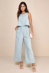 LULUS BREEZY SOPHISTICATION SAGE GREEN TEXTURED WIDE LEG JUMPSUIT