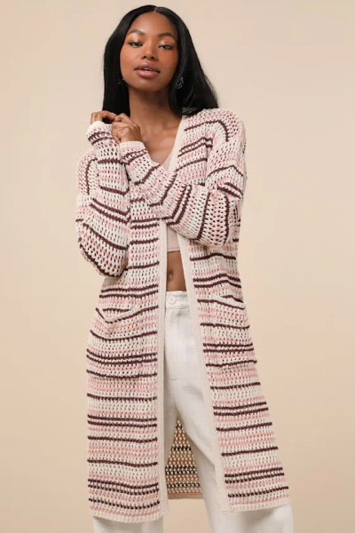 Lulus Breezy Strolls Beige Multi Striped Crochet Long Cardigan