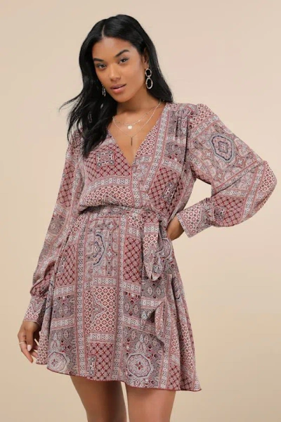 Lulus Breezy Wanderings Rust Red Boho Print Long Sleeve Mini Dress