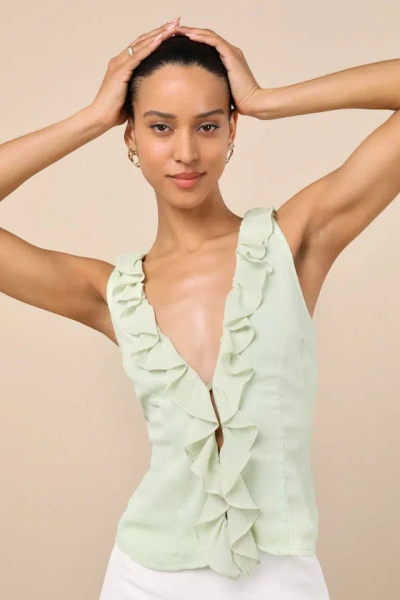 Lulus Briella Light Sage Ruffled Button-front Top