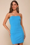 Lulus Bright Aesthetic Blue Strapless Cutout Bodycon Mini Dress In Blue
