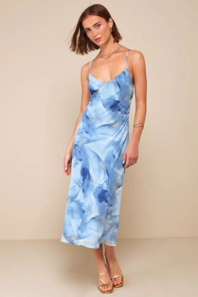 Lulus Idyllic In Ibiza Blue Abstract Print Mock Neck Halter Midi Dress