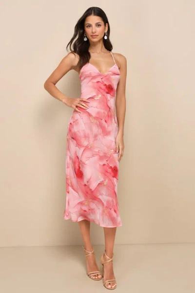 Lulus Bright Charm Pink Abstract Print Chiffon Slip Midi Dress