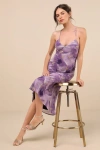 Lulus Bright Charm Purple Abstract Print Chiffon Slip Midi Dress In Purple