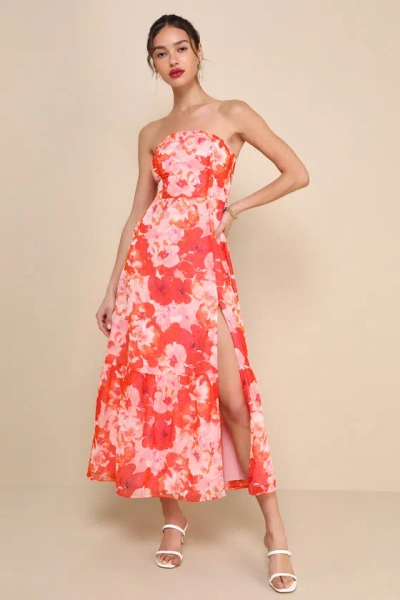 Lulus Bright Perspective Orange And Pink Floral Strapless Midi Dress