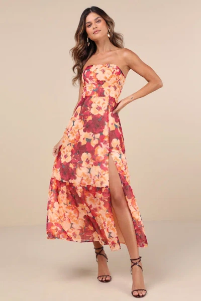 Lulus Bright Perspective Plum And Orange Floral Strapless Midi Dress